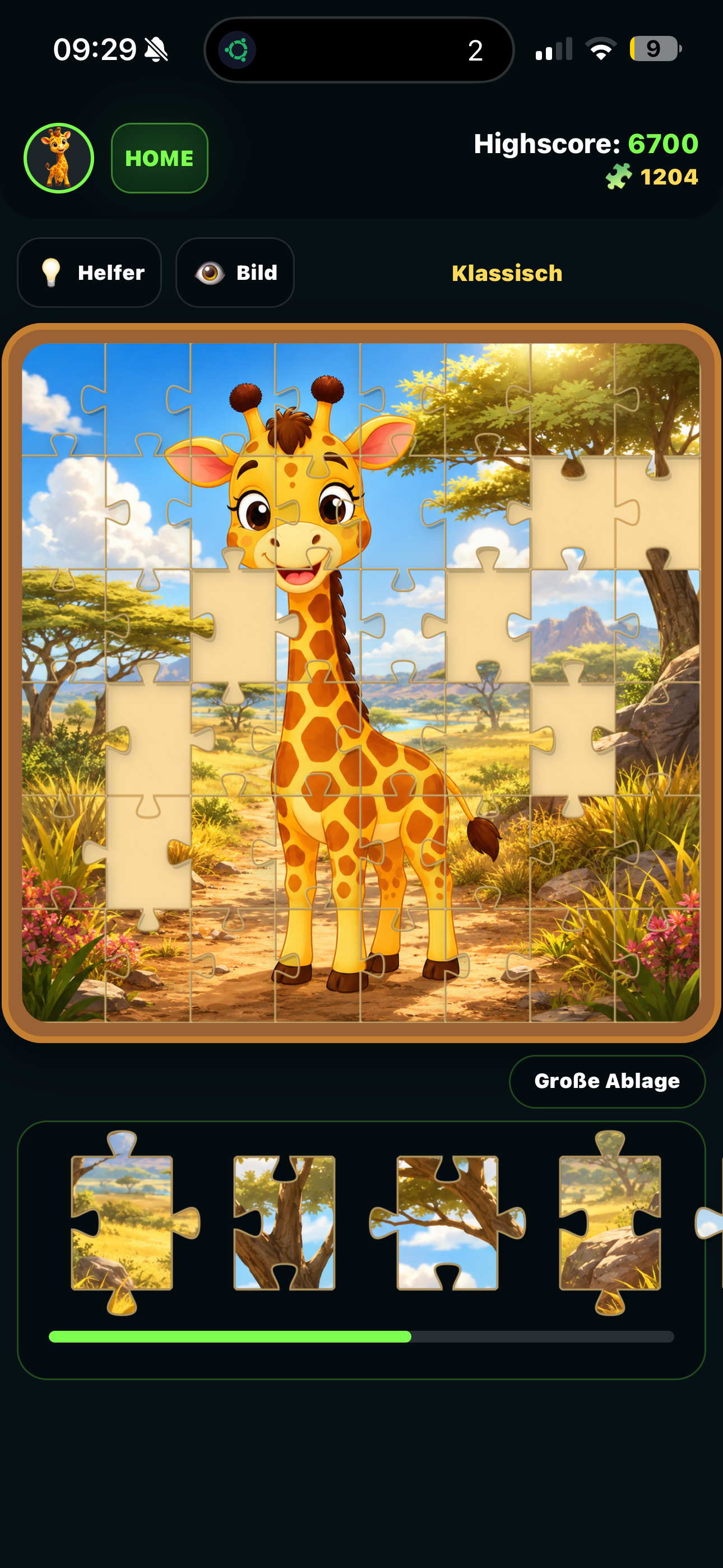 Puzzle-Spielscreen mit Giraffenmotiv