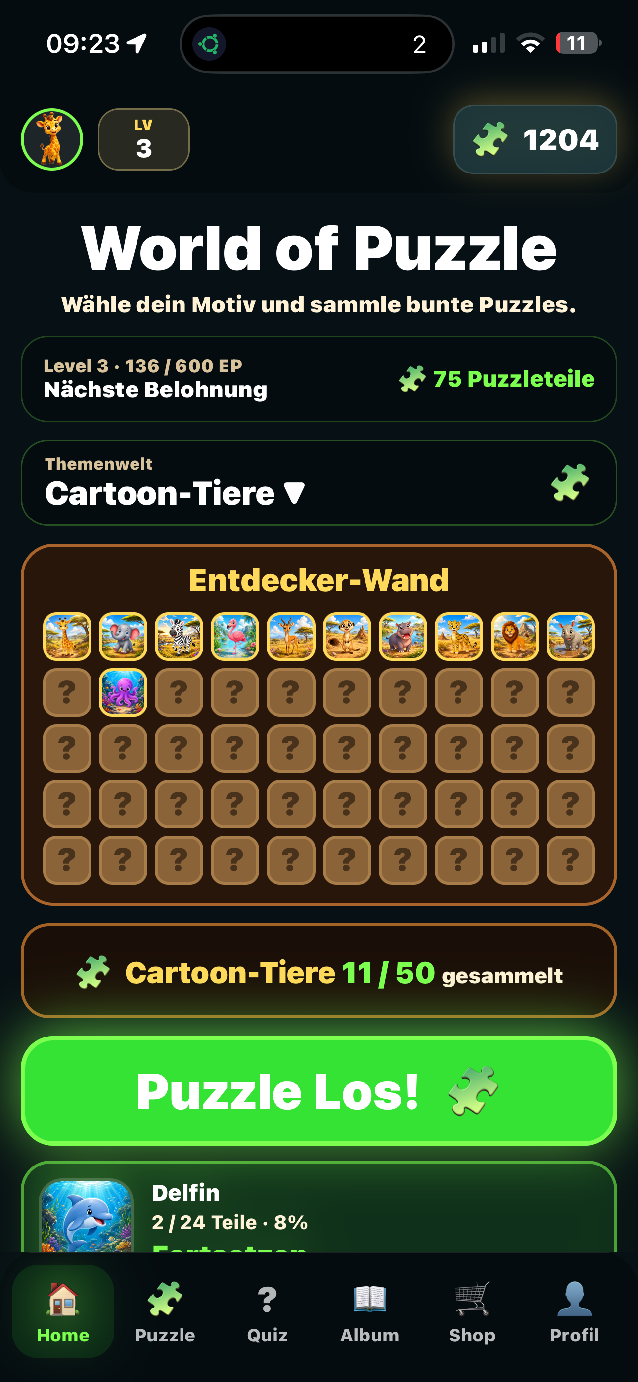 Startbildschirm mit Fortschritt und Puzzle-Los-Button